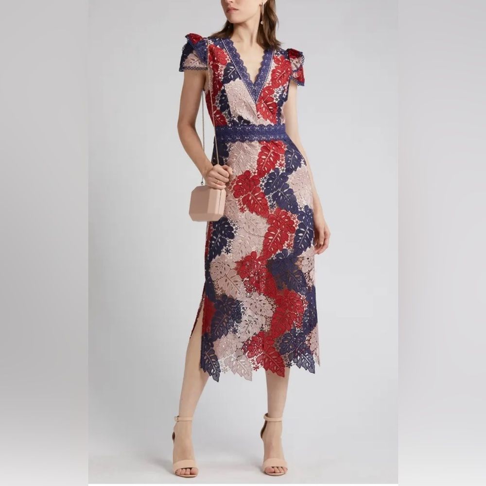 Lace Floral Midi Dress In Red, Navy & Blush